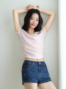 K-Vae 女式超低腰弹力牛仔短裤，性感紧身，伊比沙岛风，Rave 牛仔短裤，Rave，低腰短裤，韩流街头风短裤，女士街头风，垃圾摇滚风，返校风 - 中等水洗藍 - 查看 3