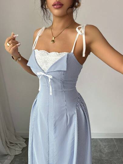 Elenzga فستان شريط خصر مزين بالخياطة والدانتيل مع أكتاف رباط باللون الأزرق والأبيض مخطط