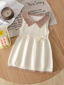 Baby Girls' Casual Summer Colorblock Bow Decor Cute Sweater Dress - Apricot - View 4