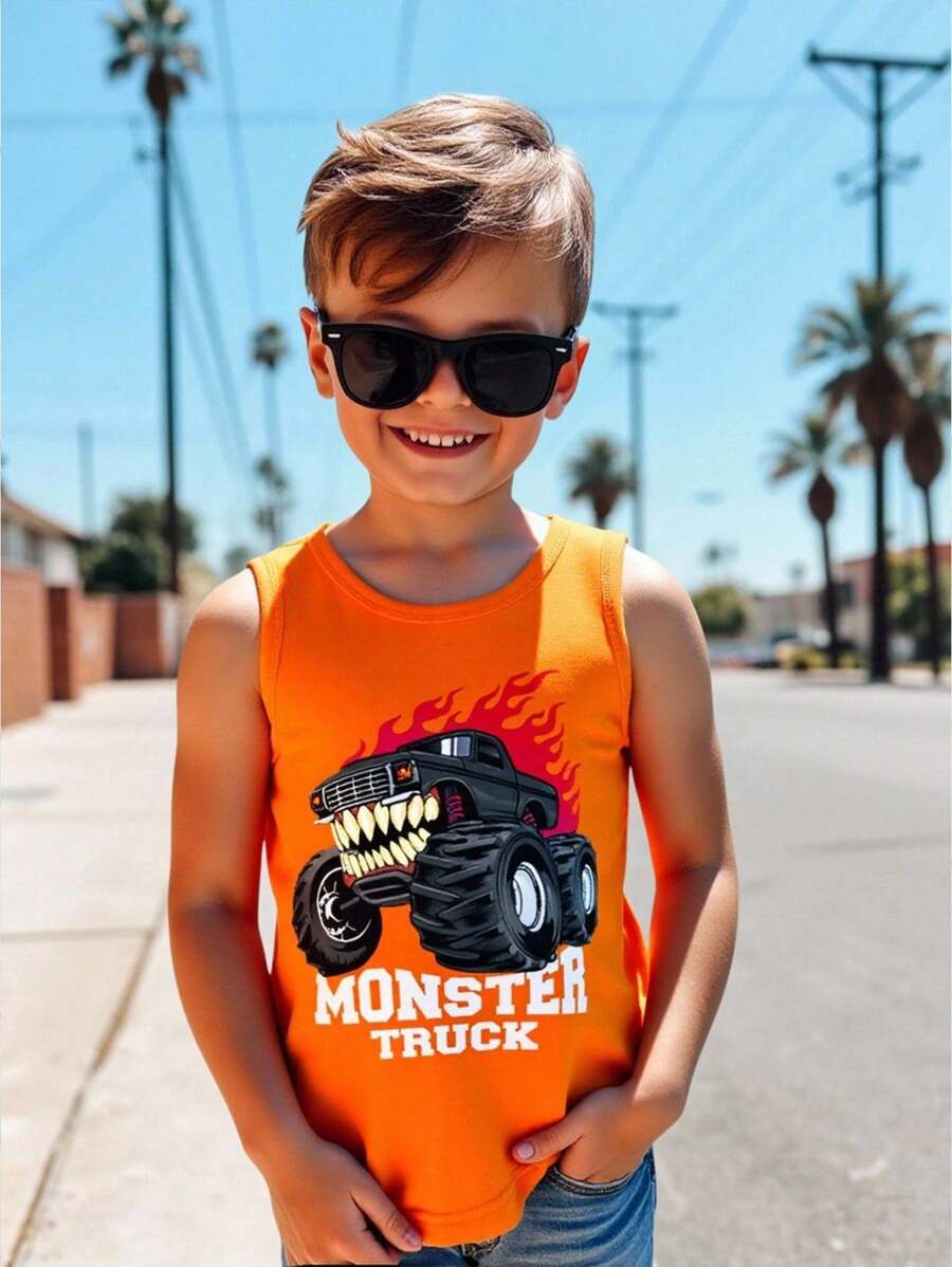 SHEIN Leap Crew Boys' Casual Cool Monster Graphic Print Round Neck Tank Top, Suitable For Summer