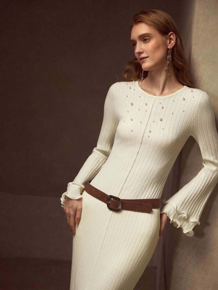 FAUX PEARL BELL SLEEVE SLIM FIT SWEATER DRESS WITHOUT BELT