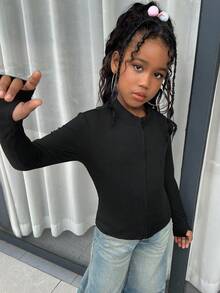 SHEIN Tween Girl Black Casual Fashionable Ribbed Solid Color Stand Collar Zip-Up Long Sleeve Fitted Jacket,Suitable For School,Back-To-School,Autumn Outfit - Black - View 6