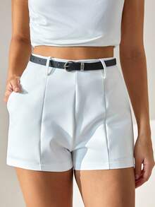 CLARA VERO Quần short nữ màu trơn có thắt lưng chi tiết - trắng - Xem 3