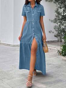 EURMUSE Women's Fashion Vacation Casual Button Front Short Sleeve Denim Dress - Light Wash - View 6