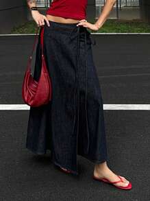 DAZY Váy maxi denim nữ kiểu dáng thường ngày, thắt nơ, váy maxi denim màu xanh đậm, váy thường ngày, váy maxi denim, váy denim dài, váy jeans, váy maxi nữ, váy quấn. - Màu xanh lam - Xem 4