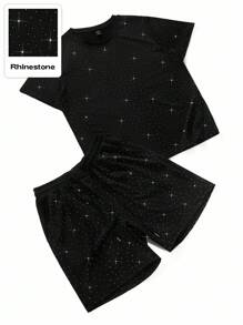 ROMWE MEN Street Life Conjunto de camisetas de manga corta con incrustaciones de rhinestones para hombres, adecuado para uso diario, primavera y verano - Negro - Ver 3