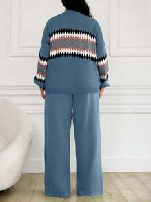 EURMUSE 2 pezzi, Maglione da donna con collo alto e motivo geometrico - blu polveroso - Visualizzare 2