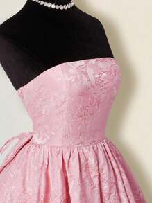 SHEIN ICON Đầm suông dự tiệc trà họa tiết hoa babydoll màu hồng dành cho nữ, váy xòe nơ thanh lịch, không dây, chất liệu jacquard nhún bèo hoa - Hồng - Xem 4