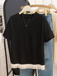 INAWLY Kaos Lengan Pendek Wanita Kasual dengan Detail Ruffle Kontras untuk Musim Panas - Hitam - View 7