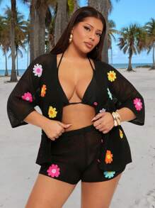SHEIN SXY Plus Size Women's Sexy Daily Basic Casual Vacation 2pcs/Set With 3D Colorful Flower Crochet V-Neck Short Sleeve Sheer Cardigan Top And Matching Shorts Plus Size Two Piece Summer Two Piece Set Plus Plus Size Crochet Two Piece Set Plus Size Floral Two Piece Set - Black - View 2