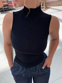 Jeta Ari Women's Turtleneck Slim Fit Camisole Y2k Tank Tops - Black - View 3