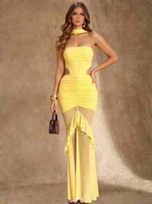 Glamine 黄色褶饰镂空性感露背连衣裙、节日派对连衣裙、约会夜服装、毕业礼服、女士长裙、EnterizosDeMujerElegantes - 黃色 - 查看 1
