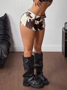 SHEIN ICON Women's Fashion Cow Print Belted Denim Skorts - Brown - View 4
