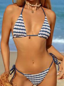 Swim Vcay New Swimsuit, Special Material, Random Pattern Spaghetti Strap Halter Striped Fabric Top And Bikini Bottom Sexy Swimsuit Set For Summer Beach Vacation - Multicolor - View 1