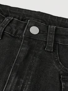 SHEIN Teen Girl Summer Y2K Low Waist Stonewashed Denim Shorts With Flap Pocket,Summer Brunch Graduation,Beach Vacation Teen Girl Casual,Country Concert/Rave, Black Denim Shorts - Black - View 4