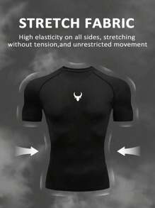 Manfinity Sport PWRUP Men's Bull Head Print Round Neck Raglan Sleeve Short Sleeve Sports T-Shirt Compression Shirt Men Shirts Gym Workout Tops Gym Top Compression Shirt Breathable Fitted Shirt Crew Neck - Black - View 3