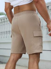 Manfinity Homme Quần short Cargo có túi rút dây thường ngày dành cho nam, có nhãn da nhỏ - Màu Khaki - Xem 2