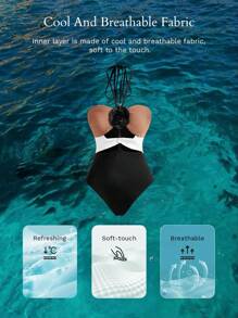 MOTF PREMIUM 夏日海滩立体花朵细节拼色镂空露背连体泳衣 - 彩色 - 查看 8