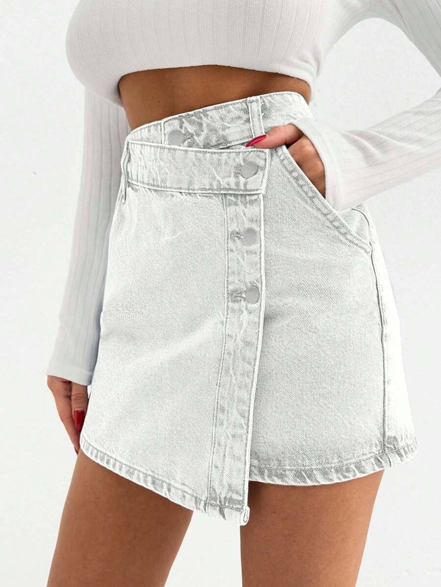 EURMUSE WOMEN MINI SKIRT MEDIUM WASH BUTTON DETAIL - White - View 1