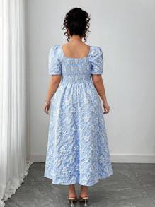 Elenzga 大码女式方领泡泡袖腰部收腰后蝴蝶结设计连衣裙，百搭时尚，适合春夏季节，适合日常通勤、派对、活动 - 藍色 - 查看 2