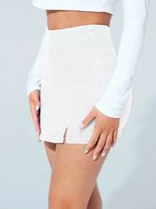 SHEIN PETITE 女士高腰纯色开摆休闲牛仔短裙 - 白色 - 查看 3