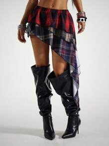 StreetHx Women Asymmetric Hem Contrasting Plaid Ruffle Trim Skirt - Multicolor - View 3