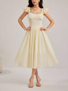 Modelyn Women's Floral Decor Sweetheart Neck Ruffle Detail Elegant A-Line Dress - Apricot - View 6