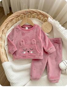 Baby Girl Cute Cartoon Pattern Fluffy Long Sleeve Top And Elastic Waist Long Pants 2 Pieces Set, Autumn/Winter - Pink - View 9