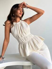 Aloruh Top halter sin espalda con volantes y unicolor simple en estilo de vacaciones sexy para mujer