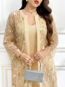 Ellevyn 加大码两件套：优雅网眼亮片叶刺绣开衫和连衣裙，夏季 - 香檳色 - 查看 8