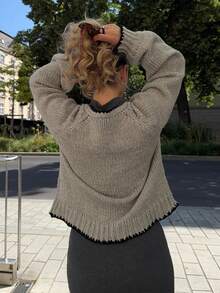 Jeta Ari Áo khoác cardigan dài tay thắt nút phía trước họa tiết tương phản cho nữ - Xám - Xem 2