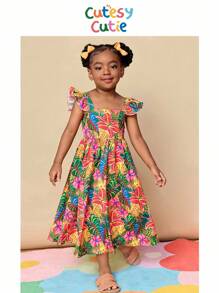 CutesyCutie Young Girl Woven Ditsy Floral Square Collar Ruffle Hem Casual Dress Hawaiian Dress For Girls Kids Vacation Dress Tropical Dress For Girls Girls Summer Dress Kids Luau Dress - Multicolor - View 1