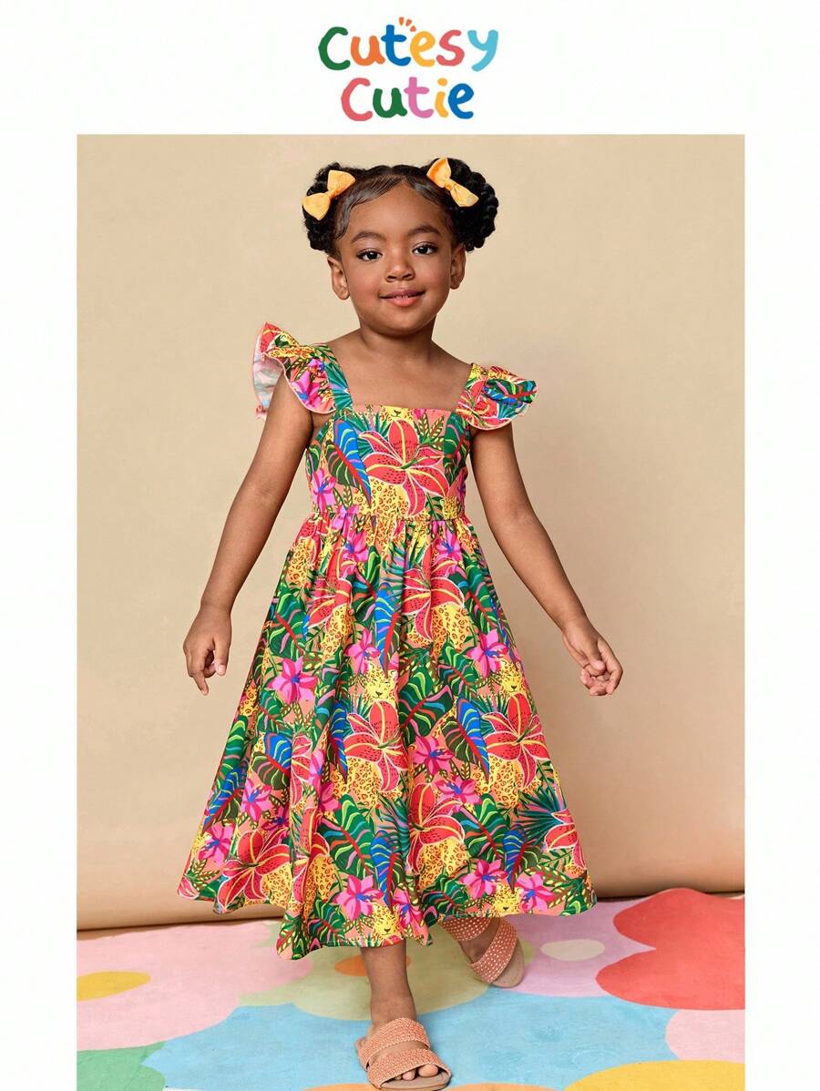 CutesyCutie Young Girl Woven Ditsy Floral Square Collar Ruffle Hem Casual Dress Hawaiian Dress For Girls Kids Vacation Dress Tropical Dress For Girls Girls Summer Dress Kids Luau Dress - Multicolor - View 1