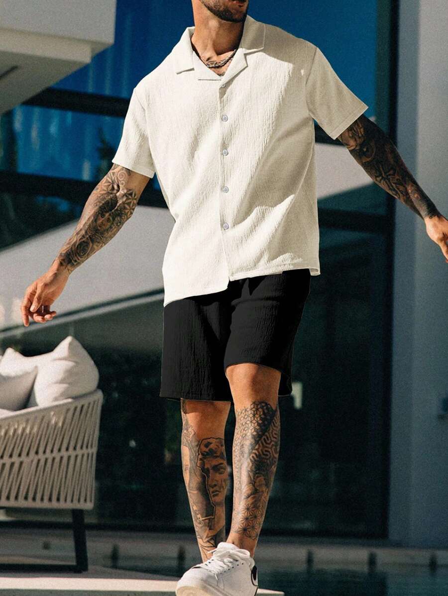 Manfinity Homme 男士纯色短袖单排扣衬衫短裤休闲西装（随机裁剪）男士夏季服装男士夏季衬衫