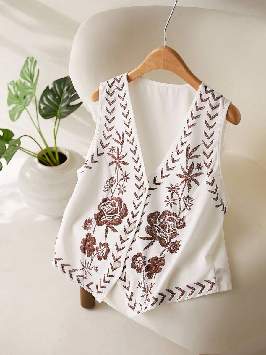 CosyJoli Plus Size Casual Embroidered Sleeveless Vest Jacket In Fall/Winter