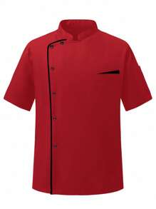 Manfinity Homme 男士撞色立领短袖厨师衬衫厨师夹克男士红色厨师夹克厨师外套短袖厨师外套男士厨师制服