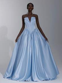 Elitara 优雅浪漫的浅蓝色和粉色 V 领露肩复古收腰女士正式晚礼服 - 淺藍色 - 查看 4
