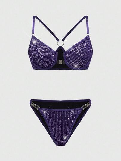 ROMWE Avant Forward Shiny Chain Link Underwire Sexy Lingerie Set For Women