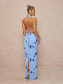 Lumalex 女式亮片刺绣高领腰修身直筒露背系带连衣裙，后开衩 - 藍色 - 查看 1