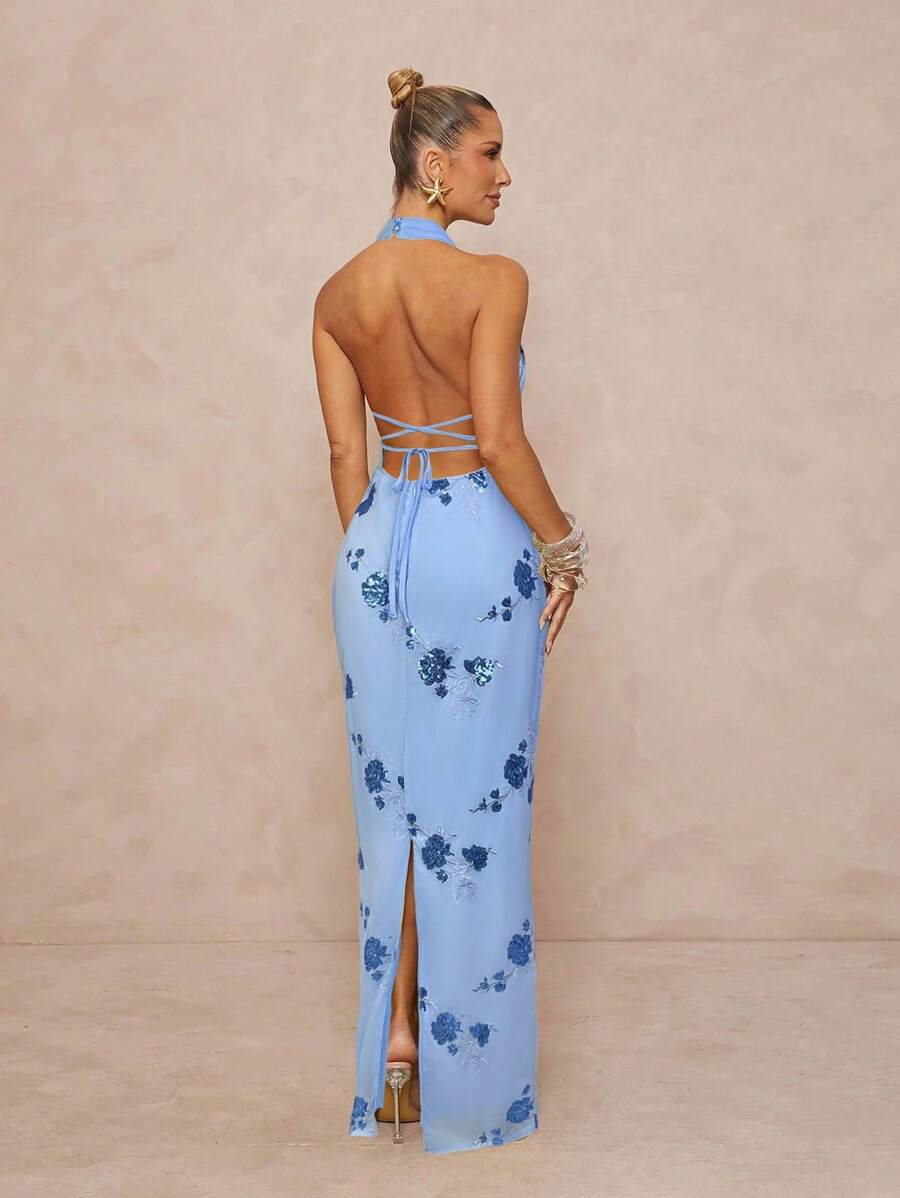 Lumalex 女式亮片刺绣高领腰修身直筒露背系带连衣裙，后开衩 - 藍色 - 查看 1