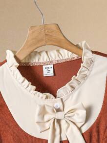 Bộ 2 món thanh lịch cho bé gái tuổi teen, áo dài tay cài nút trang trí nơ tương phản và chân váy mini màu trơn - Nhiều màu - Xem 3