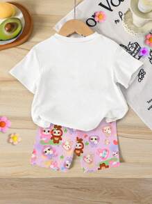2pcs Baby Girls Beauty Cartoon Print Round Neck Short Sleeve T-Shirt & Tie Dye Knit Leggings Summer Outfit Set Infant Summer Clothes Set Casual Baby Clothes - Multicolor - View 2