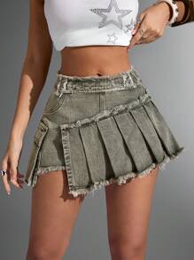 SHEIN ICON 女士夏季时尚不对称下摆牛仔迷你裙 - 軍綠色 - 查看 5