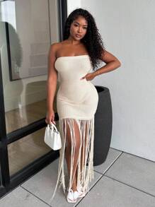 Alexandranx Island Girl Crochet Dress Cover Up Apricot Linen Strapless Strapless Spring And Summer Vacation Beach Extra Long Tassel Mini Crochet Dress - Apricot - View 2