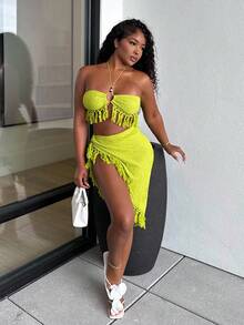 Alexandranx 流苏装饰纹理针织面料吊带上衣和不对称下摆裙子套装打造性感海滩度假造型 - 綠色 - 查看 5