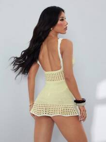 SHEIN Unity 可爱甜美通勤雏菊刺绣镂空针织小连衣裙 浅黄色 夏季 - 黃色 - 查看 2