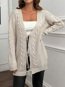 EURMUSE Beige Cable Knit Tie-Front Cardigan - Cozy & Comfy,Cardigans For Women,Long Cardigans Woman,Petite Cardigans,Cardigans - Beige - View 3