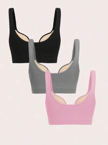 Easithlete 3 件套女士纯色低胸日常健身运动服运动文胸 3 件套健身套装健身文胸套装女士健身套装运动文胸套装运动文胸文胸上衣内置文胸上衣 - 彩色 - 查看 2