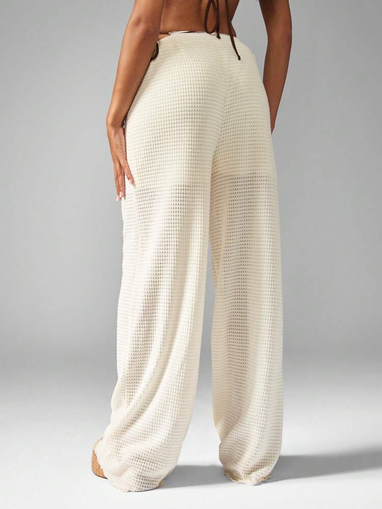 MISSGUIDED Crochet Knit Wide Leg Beach Palazzo Pants Summer Resort Wear High Waisted Trouser Pool Party Vacation Loungewear Sand Color