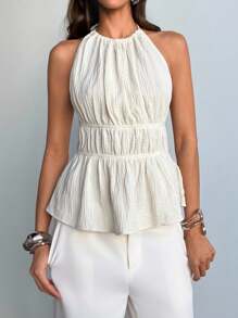 Aloruh Top halter sin espalda con volantes y unicolor simple en estilo de vacaciones sexy para mujer
